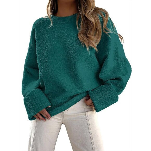 Sweaters - Women's Dark Green Oversized Long Sleeve Casual Fuzzy Knit Sweater